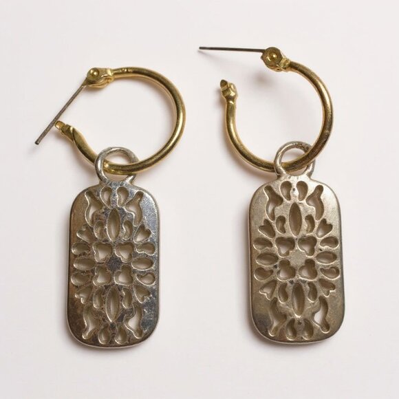 Vintage Gold & Silver Rectangular Dangle Earrings With Filigree Design - Picture 1 of 6